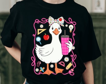 Coquette teacher t-shirt design png , Silly teacher goose png, Goose back to school png ,Preppy floral teacher sublimation design