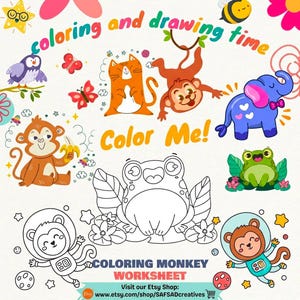 Disegni di animali da colorare: scimmia, rana, elefante, gatto, attività di disegno per bambini piccoli (download digitale)