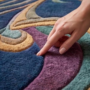May include: A plush, tufted rug featuring a multi-colored abstract pattern with deep blue, purple, teal, and golden-tan sections. The surface has a thick, textured pile with raised, curved shapes that create a layered, three-dimensional appearance.
