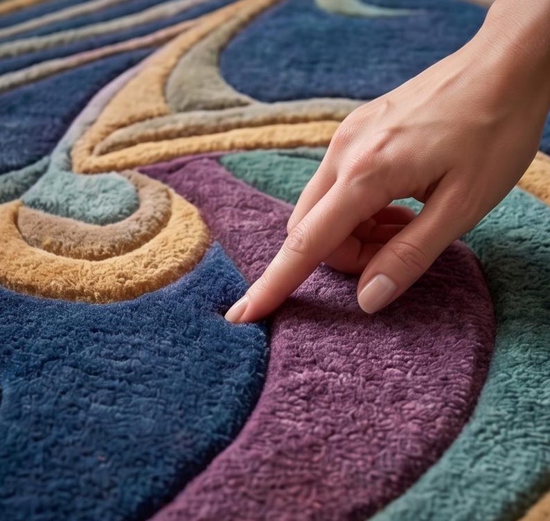 May include: A plush, tufted rug featuring a multi-colored abstract pattern with deep blue, purple, teal, and golden-tan sections. The surface has a thick, textured pile with raised, curved shapes that create a layered, three-dimensional appearance.