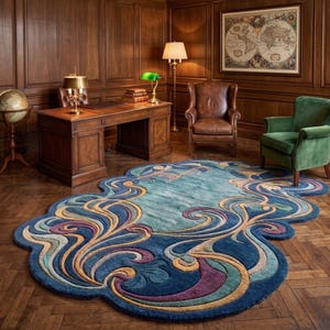 May include: An irregularly shaped area rug featuring a swirling, organic pattern in shades of deep blue, teal, purple, and tan. The rug has a thick, textured pile with raised, carved details that define the flowing, wave-like motifs across its surface.