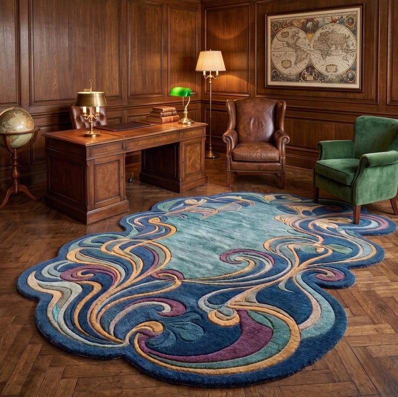 May include: An irregularly shaped area rug featuring a swirling, organic pattern in shades of deep blue, teal, purple, and tan. The rug has a thick, textured pile with raised, carved details that define the flowing, wave-like motifs across its surface.