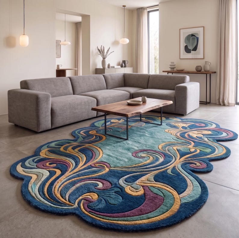 May include: An irregularly shaped area rug featuring a deep blue base with swirling, raised patterns in shades of teal, mustard yellow, and plum. The rug has a textured, tufted surface with organic, cloud-like edges, positioned on a light gray floor.