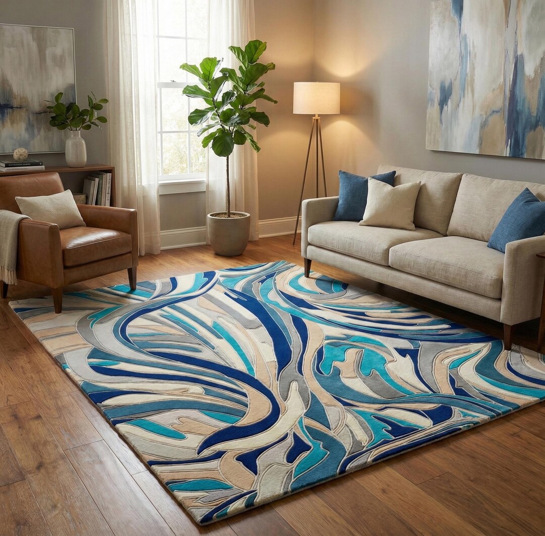 Modern Abstract Blue Beige Contemporary Rug With Flowing Pattern ,wool ...