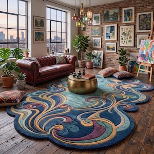 May include: A large, irregularly shaped area rug featuring a deep blue base with swirling, organic patterns in shades of gold, teal, purple, and cream. The rug has a thick, tufted texture and a scalloped edge, covering a dark wood floor.