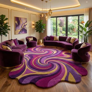May include: A living room set featuring a large, curved purple sofa and two matching armchairs, centered around a vibrant, irregular-shaped area rug with swirling patterns in shades of purple, magenta, and gold, set on a wooden floor.