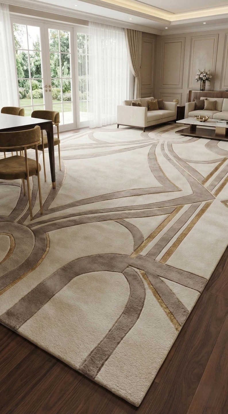 Luxury Neutral Geometric Area Rug, Modern Beige & Gold Living Room and ...