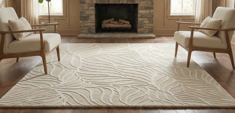 May include: A large, rectangular area rug with a cream-colored background and a raised, leaf-like pattern in a lighter shade. The rug is placed on a hardwood floor, with two armchairs and a fireplace in the background.