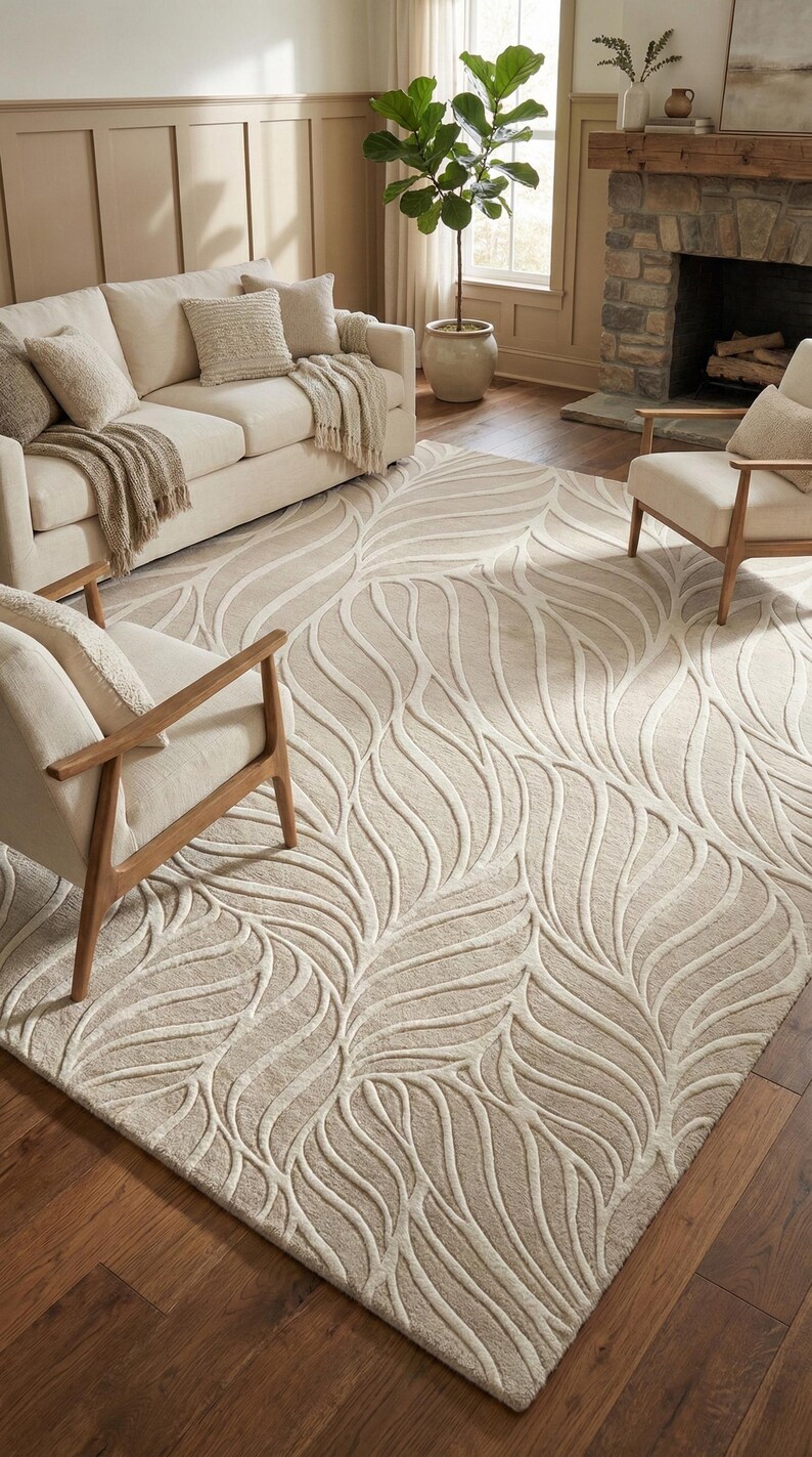 May include: Beige area rug with a leaf-like pattern in a living room setting. The rug features a raised, textured design in a lighter shade of beige, creating a subtle contrast. The room includes a beige sofa, chairs, and a fireplace.