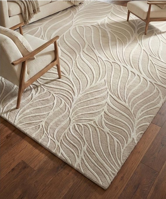 Neutral Beige Area Rug, Modern Textured Wave Rug Wool Large Area Rugs For Living Room Bedroom Kitchen Nursery 6X9 8X10 9X12 10X14 Custom Rug