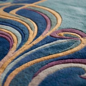 May include: A plush area rug featuring a textured, carved surface with flowing, abstract wave patterns. The design incorporates deep blue, light teal, mustard yellow, and muted purple tones, creating a multi-layered, dimensional appearance.