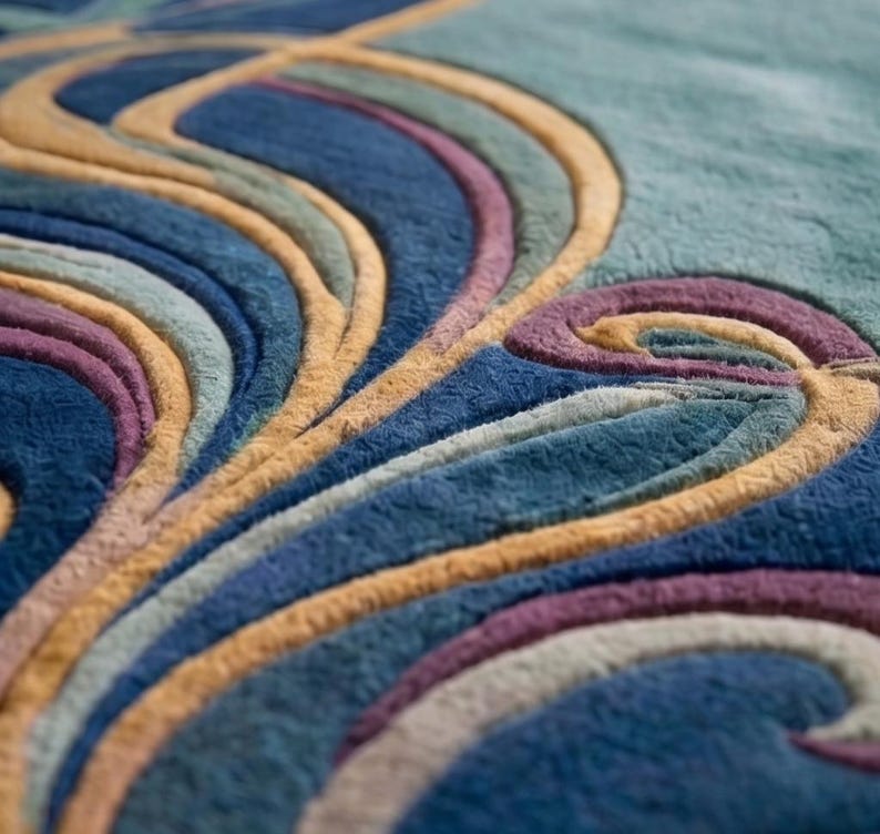 May include: A plush area rug featuring a textured, carved surface with flowing, abstract wave patterns. The design incorporates deep blue, light teal, mustard yellow, and muted purple tones, creating a multi-layered, dimensional appearance.