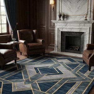 May include: A luxurious blue and gray geometric patterned rug with gold accents. The rug is placed in a room with brown leather armchairs, a marble fireplace, and dark wood paneling. The rug's design features angular shapes.