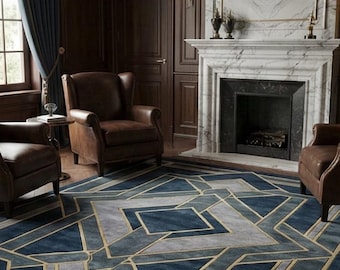Art Deco Area Rug, Geometric Blue and Gold Rug, Luxury Modern Statement Rugs for Living Room, Bedroom & Office