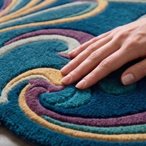 May include: A plush, tufted rug featuring a swirling, abstract pattern in deep teal, mustard yellow, and muted purple. The surface has a thick, textured pile with raised, curved lines that create a dimensional, soft appearance across the fabric.