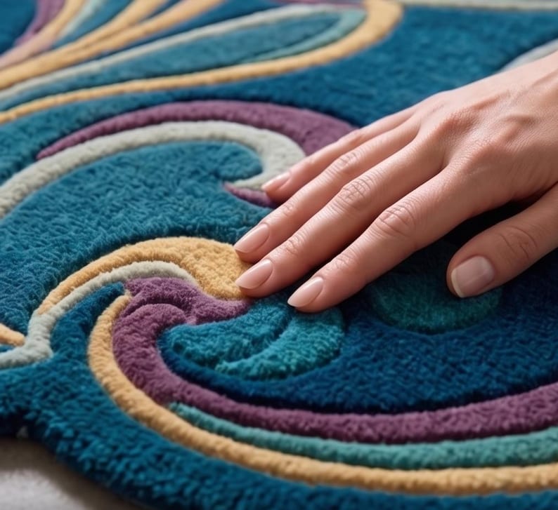May include: A plush, tufted rug featuring a swirling, abstract pattern in deep teal, mustard yellow, and muted purple. The surface has a thick, textured pile with raised, curved lines that create a dimensional, soft appearance across the fabric.