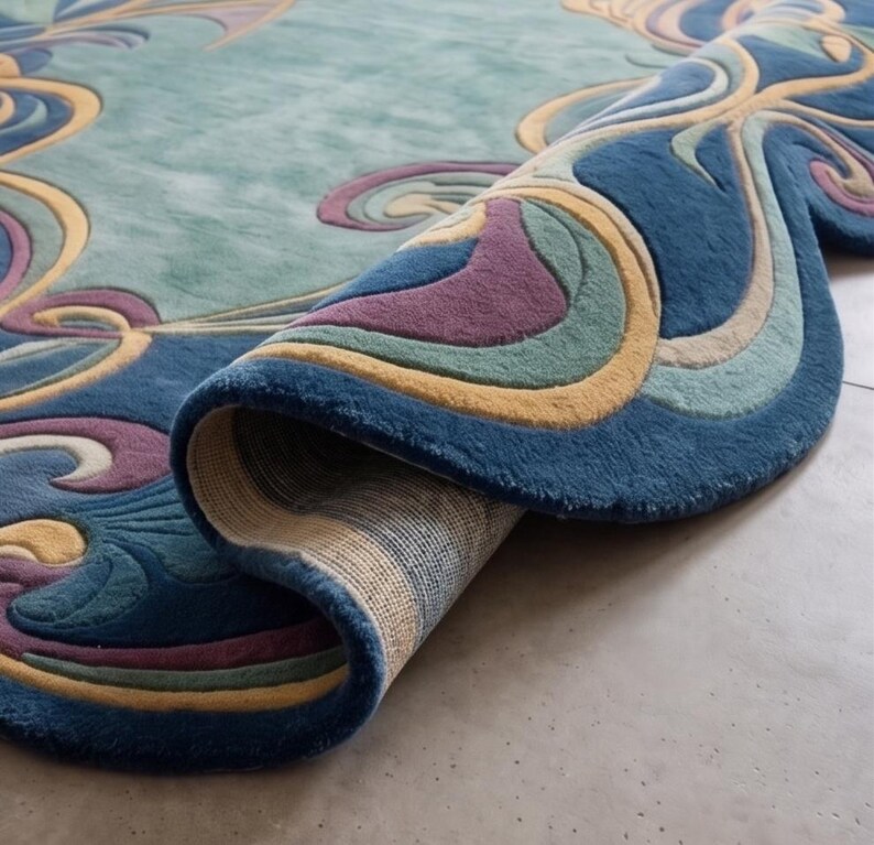 May include: A plush area rug with a curved, scalloped edge, featuring a vibrant pattern of swirling organic shapes in shades of deep blue, teal, soft purple, and golden yellow. The rug is partially folded, revealing a woven beige backing.