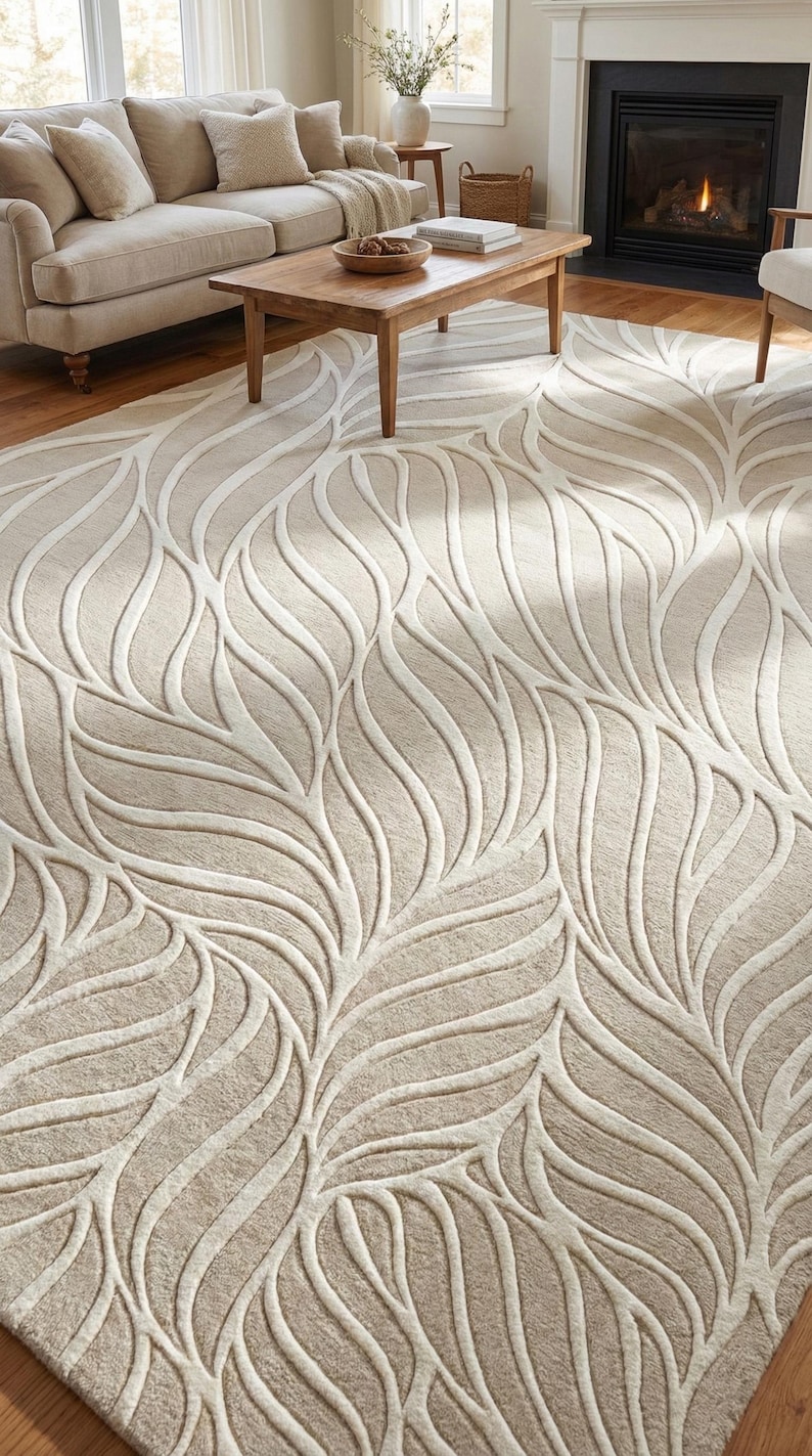 May include: Beige area rug with a raised leaf pattern. The rug features a neutral color palette with a light beige background and off-white leaf-like designs. The rug is placed in a living room setting.