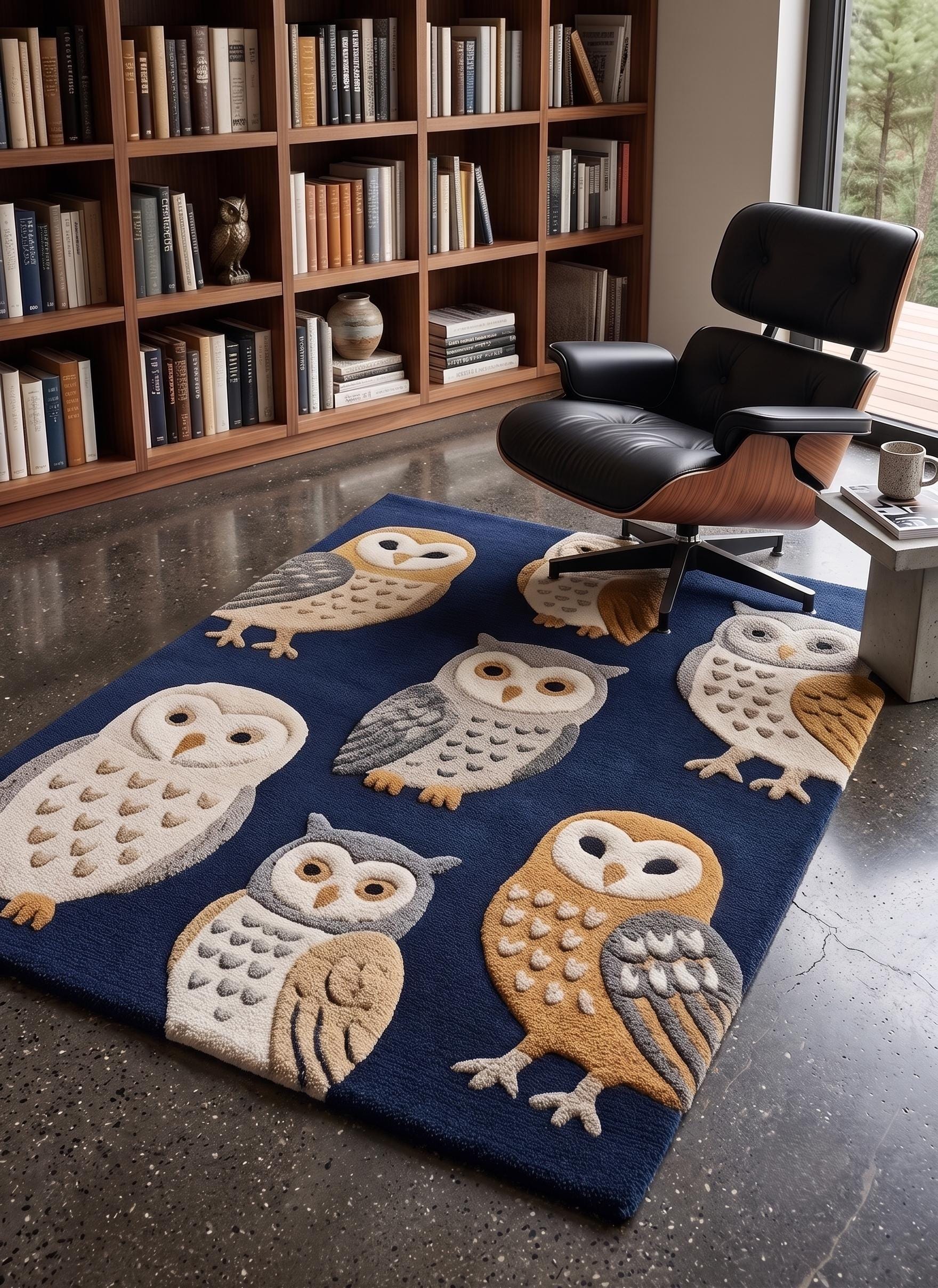 Owl Area Rug, Vintage Owl Rug, Bird Lover Rug, Navy Blue Animal Rug, Woodland Decor, Library Rug, Na