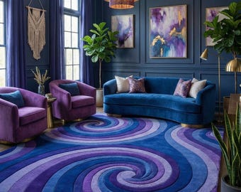 Blue Purple Swirl Area Rug ,Luxury Abstract Spiral Rug, Wool Large Custom Area Rugs For Living Room Bedroom Kitchen Nursery  8X10 9X12 10X14