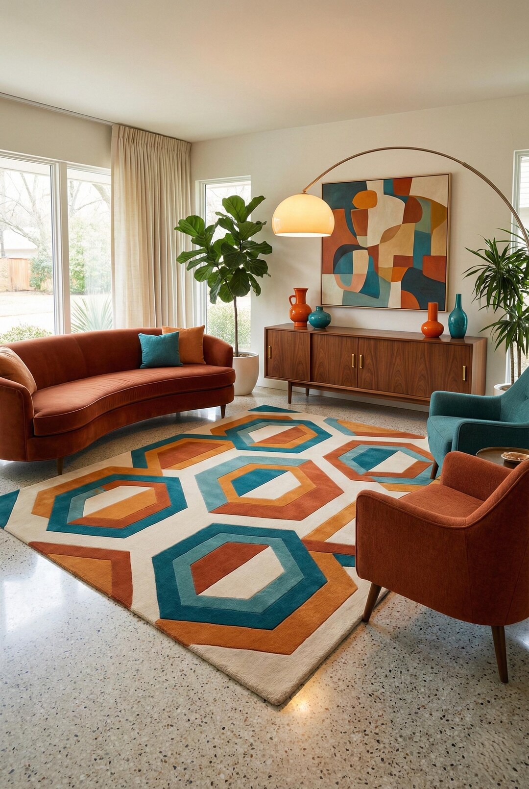 Teal Orange Rug Mid Century Geometric Area Rug, Teal & Burnt Orange Modern Carpet ,wool ...