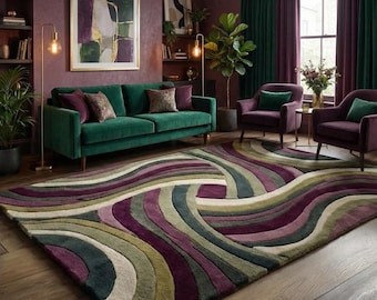 Abstract Wave Area Rug, Green & Purple Modern Handmade Rug for Living Room Bedroom, Mid Century Color Block Carpet