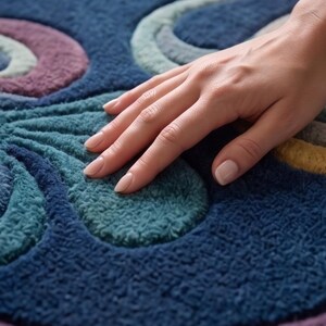 May include: A plush, tufted rug featuring a deep blue base with raised, textured patterns in shades of teal, purple, and golden yellow. The surface has a thick, soft pile with distinct, curved shapes that create a tactile, multi-dimensional design.