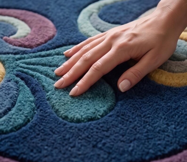 May include: A plush, tufted rug featuring a deep blue base with raised, textured patterns in shades of teal, purple, and golden yellow. The surface has a thick, soft pile with distinct, curved shapes that create a tactile, multi-dimensional design.