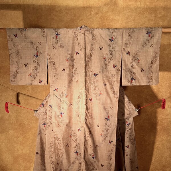 Vintage Silk Handwoven Tsumugi Kimono / Natural Earthy Organic Butterfly Flower / Good Condition