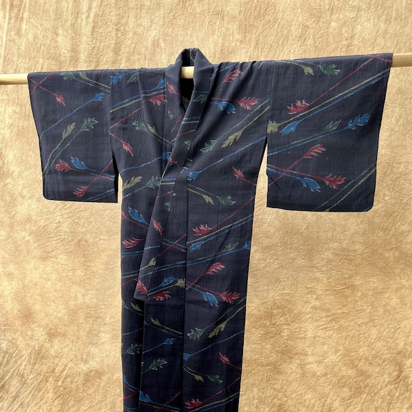 Antique Silk Tsumugi Pongee Kimono / Unique Leaf Design / Nice Indigo Color / Ojiya Chijimi / Good Condition