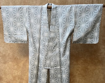 Vintage Silk Unlined Kimono / Famous Tokamachi Tsumugi Pongee / Nice Hemp Leaf Pattern / Flower of Life / Zen