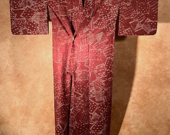 Vintage Unlined Silk Tsumugi Kimono / Earth Color Ethnic Unique Design / Good Condition