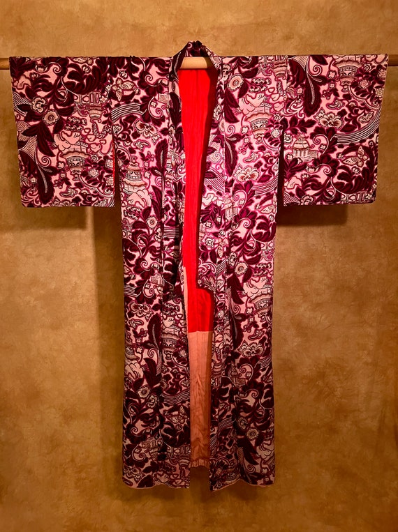 Antique Chirimen Crepe Kinsha Pure Silk Kimono Unu