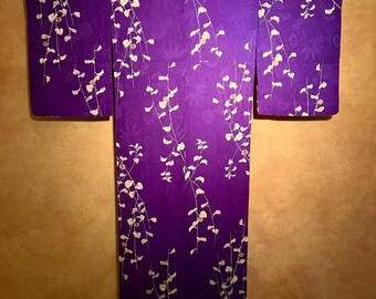 Antique Silk Hitoe Unlined Mon-kinsha Kimono Rare / Branch Flower Purple