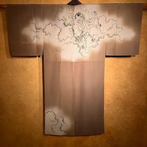 Antique Silk Juban Kimono / Raijin Hand Painted Rare!