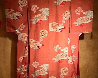 Antique Pure Silk Pongee Kimono / Delicate and Beautiful Design