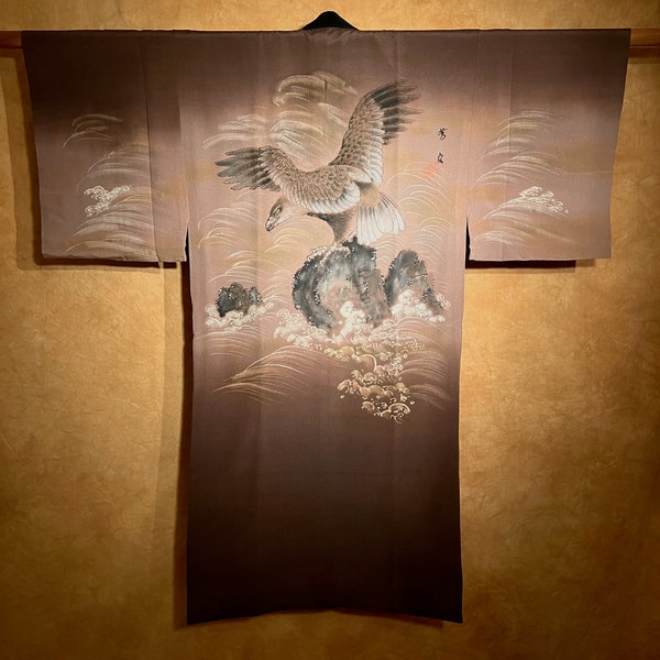 Antique Silk Kinsha Lined Juban Kimono / Hawk Hand-Painted Nice Color