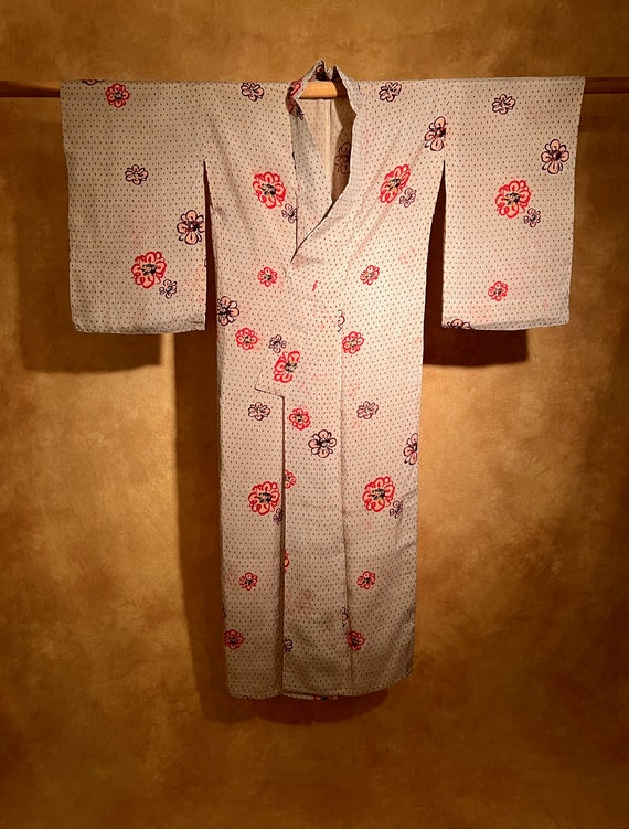 Antique Silk Ro Unlined Kimono / Cute Flowers Summ