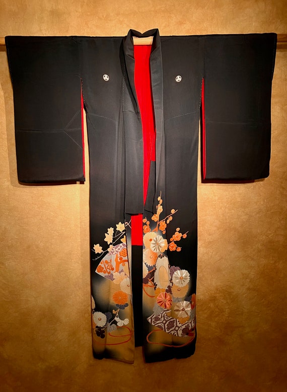 Antique Pure Silk Kinsha Kimono Black Tomesode Fiv