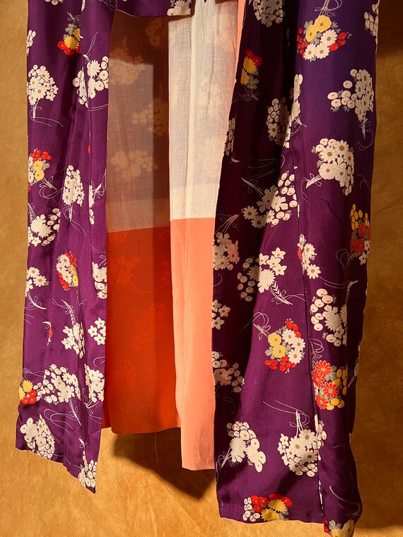 Vintage 70s 80s Blue Pink Gold Silk Floral Geometric Komon Kimono 12 14 M