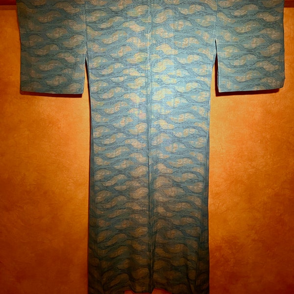 Antique Silk Tsumugi Hitoe Unlined Kmono / Gentle Ripples Turquoise