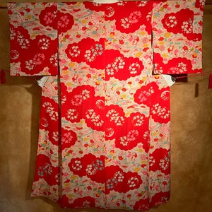Antique Silk Unlined Hitoe Juban Kimono / Lovely Flowers Clouds