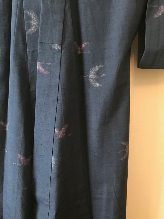 Antique Silk Kimono / Indigo Crane Pongee / Calm f