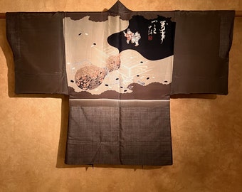 Antique Silk Oshima Tsumugi Mud Dyed Haori Kimono Jacket / Gourd Shogi Igo Style Unique