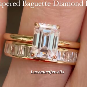 3.5CT Moissanit Smaragdschliff Braut Set Verlobungsring Set, 14K Solid Tapered Baguette Band, Versprechensring, Hochzeitsjubiläumsgeschenk für sie