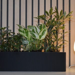 May include: A rectangular black planter filled with various green plants. The planter has vertical ridges and sits on a white surface. The background features a wooden wall with vertical black stripes. A white lamp is on the right.