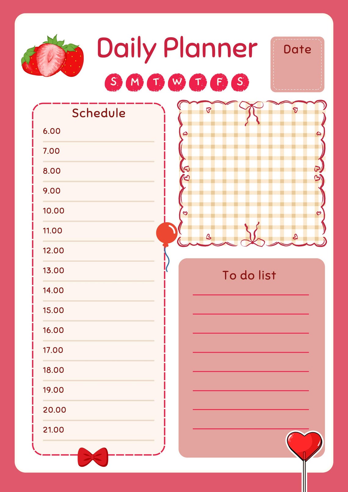 Strawberry Coquette Daily Planner | Cute Aesthetic Printable | Hourly ...