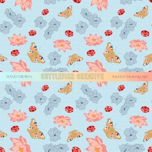 May include: A seamless pattern featuring butterflies, flowers, and red oval shapes on a light blue background. The design includes pink and blue flowers, and orange butterflies. The text "HAND DRAWN", "CUTTLEFISH CREATIVE", and "INSTANT DOWNLOAD" is present.