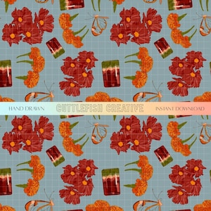 May include: A seamless pattern featuring hand-drawn illustrations of red flowers, orange marigolds, butterflies, and rectangular shapes with green and red accents. The design is set against a light blue grid background, with the text "Cuttlefish Creative" and "Instant Download".