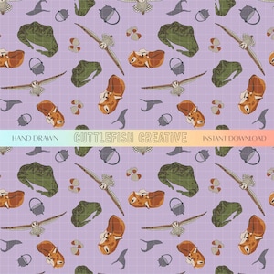 May include: A repeating pattern on a lavender background featuring hand-drawn illustrations of owls, foxes, cauldrons, hats, and other whimsical elements. The text "HAND DRAWN", "CUTTLEFISH CREATIVE", and "INSTANT DOWNLOAD" are included.